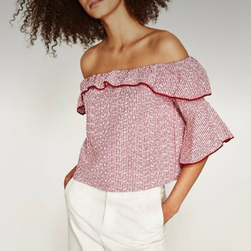 Zara Off the Shoulder Ruffle Top Red & White Patriotic 4th of July Striped
